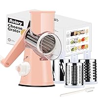 Rotary Cheese Grater Cheese Shredder - Cambom Cheese Grater with Handle Vegetable Slicer Shredder Nuts Grinder Kitchen Mandoline with 3 Replaceable Blades Strong Suction Base with Clean Brush