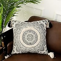 OJIA Farmhouse Mandala Throw Pillow Cover, Decorative Black and Cream Square Pillowcase Neutral Tufted with Tassels Bohemia Accent Cushion Cover for Couch Sofa Living Room Decor (18x18 Inch, Mandala)