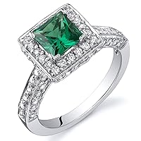 PEORA Simulated Emerald Princess Cut Ring in Sterling Silver, Vintage Halo Solitaire Design, 0.75 Carat total, Comfort Fit, Sizes 5 to 9