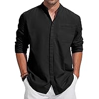 Mens Linen Casual Button Down Shirts Band Collar Roll-up Sleeve Beach Vacation Pocket Shirts