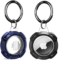 Airtag Holder with Anti-Lost Keychain, 2 Pack Airtag Case for Apple Air Tag with [Anti-Scratch] HD Protective Shell, PC+TPU Full Protective Airtag Accessories for Keys, Backpacks (Black+Blue)