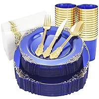 175PCS Clear Blue Gold Plastic Plates Sets Include 25Dinner Plates, 25Dessert Plates, 25Cups, 25Forks, 25Knives, 25Spoons, 25Napkins for Weddings & Party