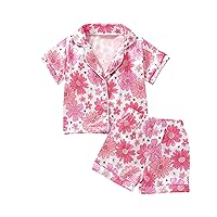 4th of July Pajamas Toddler Baby Girl American Flag Print Sleep Shirts + Sleep Shorts Kids Silk Sleepwear Pink Pjs