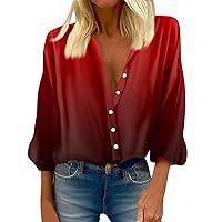 Long Spring Classy Shirts for Womens Three Quarter Sleeve Party V Neck Tops Button Down Soft Trendy Blouses