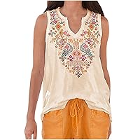 Plus Size Womens Ethnic Flower Print Tunic Tank Tops Summer Casual Loose Fit Fashion Sleeveless V Neck Swing Shirts