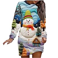 Cute Snowman Christmas Sweatshirt Dress for Women Oversized Long Sleeve Crewneck Funny 3D Print Sweater Dresses