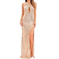 XJYIOEWT Black and White Summer Dress for Women,Women Long Sequined Dress with Draped Neck and Slit Sexy Backless Dress