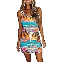 Sundresses for Women 2024 Summer Casual Loose V Neck Mini Dress Fashion Striped Drawstring T Shirt Dress with Pockets