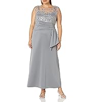 Women's Plus Size Lace Embellished Top with Satin Bottom Gown, Silver, 16W
