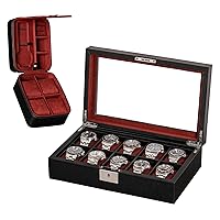 ROTHWELL Gift Set 10 Slot Leather Watch Box & Matching 5 Watch Travel Case - Luxury Watch Case Display Organizer, Locking Mens Jewelry Watches Holder, Men's Storage Boxes Glass Top Black/Red