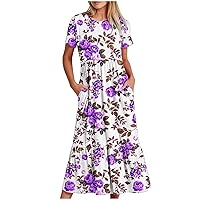 Women's Casual Summer Tiered Midi Dress Short Sleeve Crew Neck Printed Loose Tshirt Dress Boho Sundress with Pocket