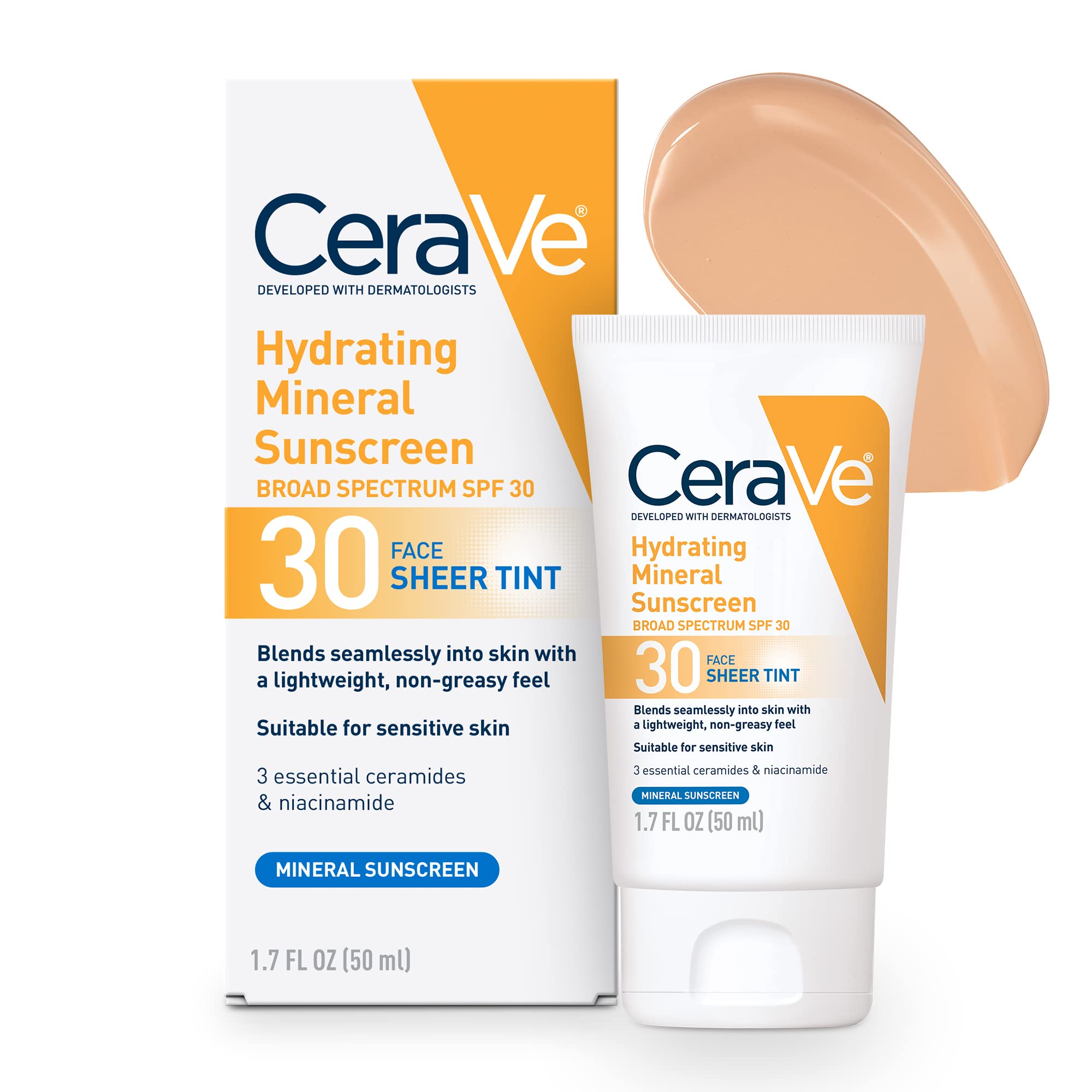 CeraVe Tinted Sunscreen with SPF 30 | Hydrating Mineral Sunscreen With Zinc Oxide & Titanium Dioxide | Sheer Tint for Healthy Glow | 1.7 Fluid Ounce