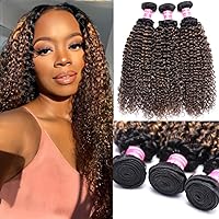 UNICE Brown Highlight Deep Curly Human Hair Weave 3 Bundles 14 16 18 inch Brazilian Remy Hair Balayage Blonde Human Hair Extensions Ombre Dark Root Weft for Sew in Make Wigs FB30 Color