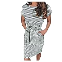 Women's Summer Short Sleeve Crewneck Formal Dress Basic Solid Tie Waist Office T Shirt Dresses Midi Dress with Pockets