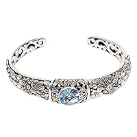 NOVICA Handmade Topaz Cuff Bracelet .925 Sterling Silver from Indonesia Leaf Tree Birthstone Dragonfly [6 in L (end to End) x 0.6 in W] 'Sacred Garden in Blue'