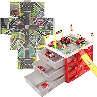 Fire Engine Toy Car Storage Parking Lot with Slides for Vehicles Firefighter Role Play Organizer Box