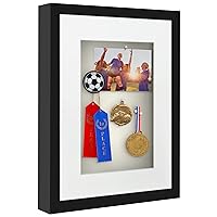 Americanflat 12x16 Shadow Box Frame in Black with 8x12 Mat and Soft Linen Back - Large Shadow Box Frame with Engineered Wood and Plexiglass Cover for Wall or Tabletop Display