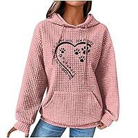 Womens Waffle Tops Valentine'S Day Loved Paw Prints Hoodies Ladies Tunic Sweaters Lightweight Sweaters For Women Ladies Oversized Solid Hooded Round Neck Long Sleeve Pullover Drawstring Pocket Blouse