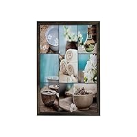 Ambesonne Spa Framed Wall Art, Far East Close to Your Heart Massage Theme Collage Oils Candles Flowers Print, Fabric Poster with Carbonized Tone Wood Frame Home Decor, 23