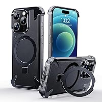 for iPhone 15 Pro Bumper Case, Metal Frameless, Black Leather Back, Sleek Design, Build-in Kickstand, Compatible with MagSafe, Heavy Duty, Shockproof, Protective, Ultra Thin and Slim