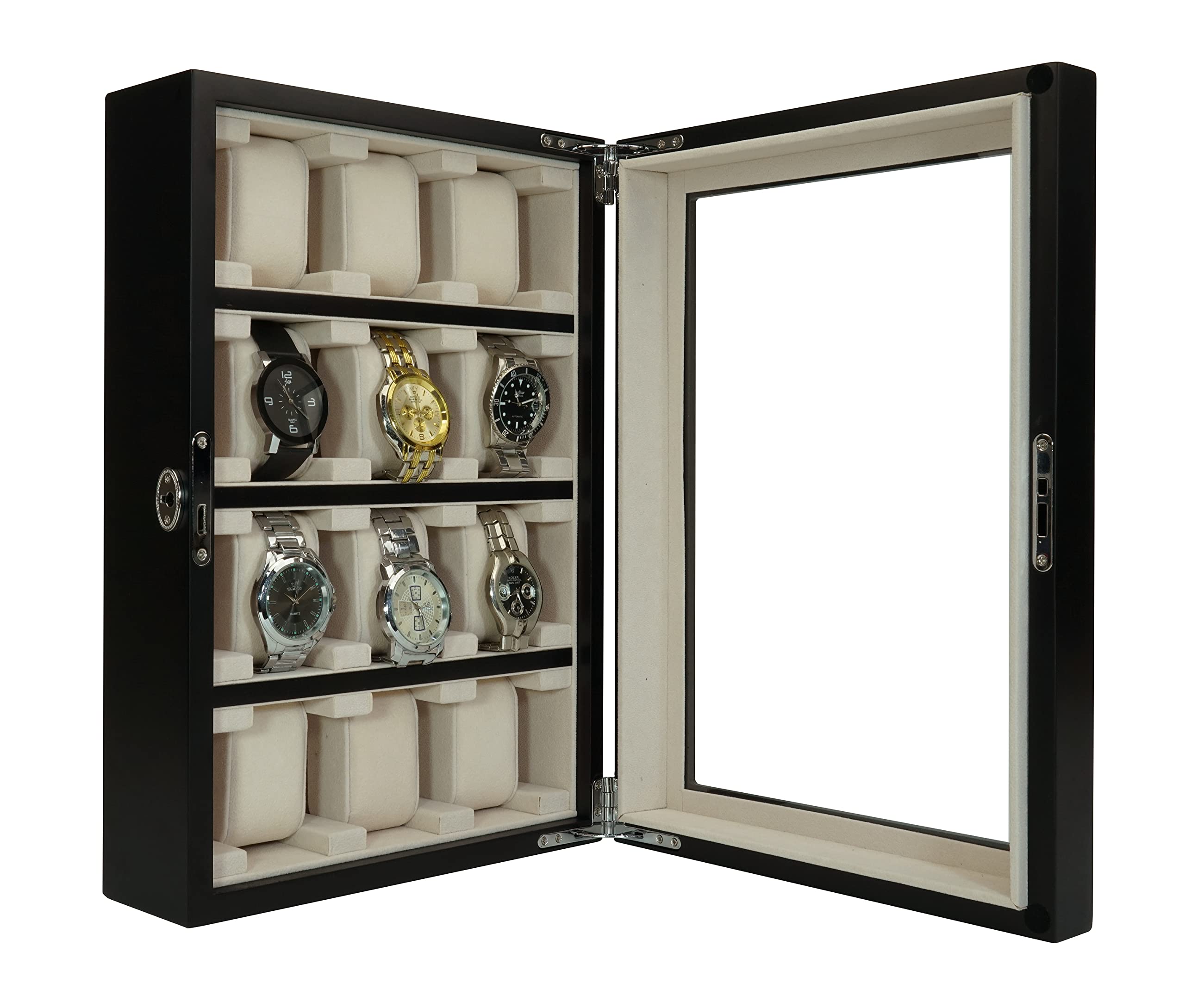 TimelyBuys 12 Piece Black Wood Watch Display Wall Hanging Case and Storage Organizer Box and Stand for Oversized Watches