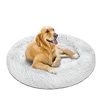 Friends Forever Donut Dog Bed Faux Fur Fluffy Calming Sofa For Large Dogs, Soft & Plush Anti Anxiety Pet Couch For Dogs, Machine Washable Coco Pet Bed with Non-Slip Bottom, 36