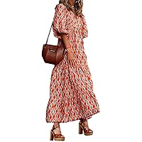 ARJOSA Women's Summer Casual Boho Maxi Dress Puff Sleeve Bohemian Floral Long Flowy Sun Dresses Beach Sundresses