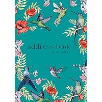 Address Book with A-Z Index: A4 Big Contract & Telephone Notebook Organizer | Alphabet Sections | Large Print | Painted Humming Bird Floral Design Teal