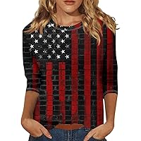 4th of July Shirt Summer Casual 3/4 Sleeve Tops for Womens USA Printed Yom Ha'atzmaut Flag Day Tees