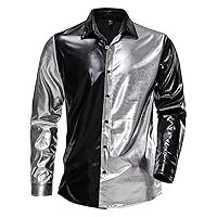 Mens Metallic Disco Shiny Slim Fit Button Down Nightclub Party Shirts Long Sleeve Shiny Sequins Design Dress Shirt