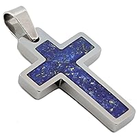 Tungsten Carbide Polished Cross Pendant Lapis Lazuli Inlay w/Wide 5mm Stainless Steel Cuban Chain 27 inch
