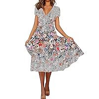Plus Size Summer Dresses, 2024 Spring Short Sleeve Midi Dress Casual Boho Floral Print Ruffle Dresses Short Sundress for Women Casual Dresses Short with Sleeves Tshirt Dresses (XXL, Khaki)