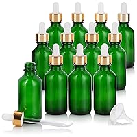 JUVITUS 2 oz / 60 ml Green Glass Boston Round Bottle Luxury Gold Metal and Glass Dropper (12 Pack) + Funnel