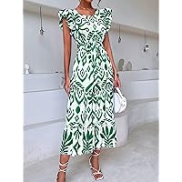 Dresses for Women Women's Dress Geo and Plants Print Flutter Sleeve Ruffle Hem Belted Dress Dress (Color : Green, Size : Small)