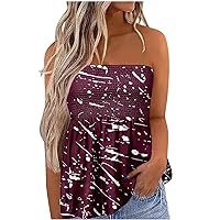Pink Tank Tops For Women Cropped Womens Smocked Strapless Tube Tops Summer Off The Shoulder Tube Tanks Floral Print Pleated Tunic Top Cute Tank Top Women's Tanks Plus Size