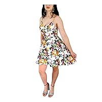 Womens Ivory Zippered Fitted Floral Spaghetti Strap V Neck Above The Knee Party Fit + Flare Dress Juniors 7