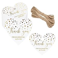 G2PLUS 100PCS Thank You Gift Tags, Heart Shaped Thank You Tags, Thank You for Celebrating with Me Tags, Gold Thank You Tags, White Paper Heart Tags with String for Mothers Day, Wedding Party Favor