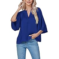LYANER Women's Satin Elegant Casual V Neck 3/4 Sleeve Solid Blouse Top Shirt