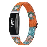 Compatible with Fitbit Inspire 2/ Inspire HR/Inspire Nylon Elastic Watch Band Replacement Adjustable Stretchy Loop Watch Strap Soft Wristband for Women Men Orange Sunflower