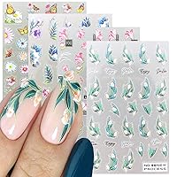 Flower Nail Art Stickers 5D Nail Stickers Fresh Spring Simple Flowers Leaf Nail Decals Nail Art Supplies Magnolia Daisy Pattern Elegant Sticker Manicure Decal Nail Art Decorations for Women 4 Sheets