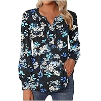 Womens Tops Long Sleeve Henley Shirts V Neck Blouses Fashion Printed Buttons Up Tunics Flowy Pleated Blouses