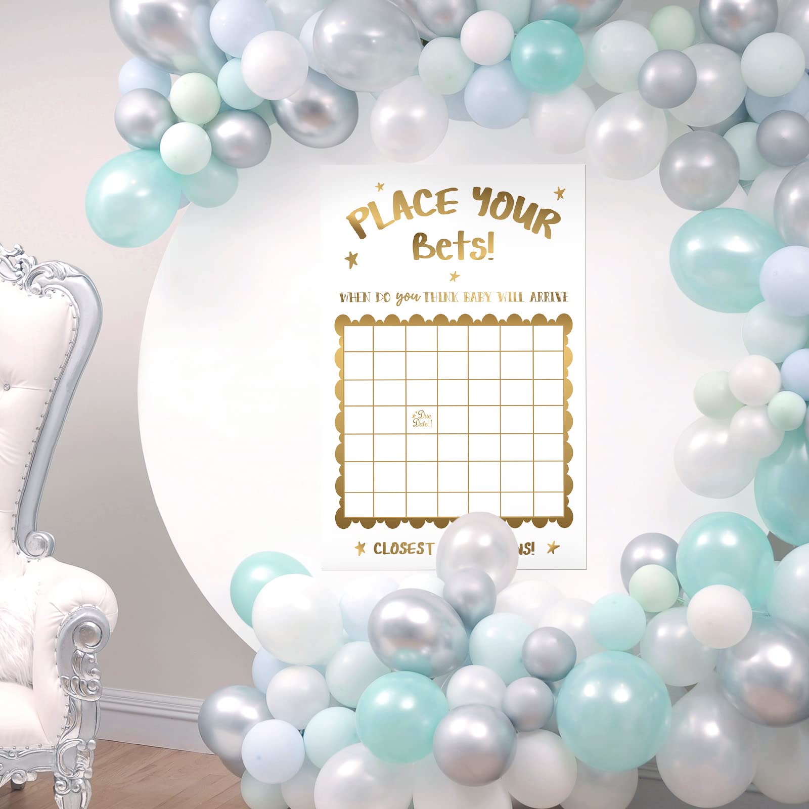 Gold White Baby Shower Decorations Neutral Predicting Birthdate Baby Shower Game Large Funny Due Date Baby Calendar Sign for Boy or Girl, 24.41 x 37.4 Inch