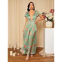 Dresses for Women Floral Print Butterfly Sleeve Tie Back Satin Dress (Color : Mint Green, Size : Large)