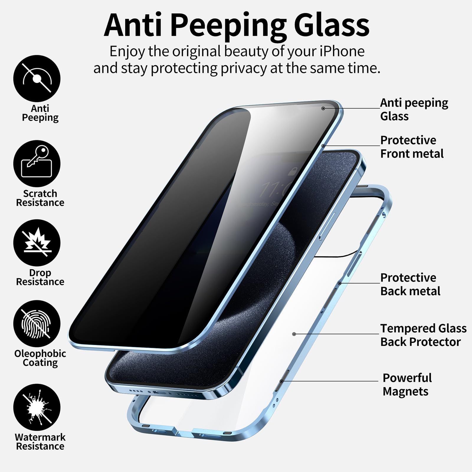 Privacy Magnetic Case For iPhone 15 Pro Max with Lock, Anti Peeping Magnetic Tempered Glass Double-Sided Phone Case iPhone 15 Pro Max Screen Protector,Confidential Case for iPhone 15 Pro Max 6.7