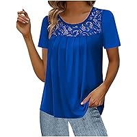 Firzero Women's Short Sleeve Tunic Tops Summer Pleated Lace Blouses Dressy Casual Loose Shirts 2024 Fashion Cute T Shirt