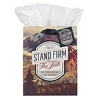Christian Art Gifts Medium Portrait Inspirational Scripture Gift Bag, Tag & Wrapping Tissue Paper Set for Men & Women: Stand Firm Encouraging Bible Verse, Scenic Mountains, Black/White/Red Multicolor