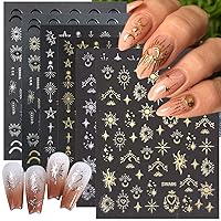 6 Sheets Moon Star Sun Nail Art Stickers Decals Gold Silver Nail Art Design Gothic Evil Eye Nail Decals 3D Self-Adhesive Acrylic Nail Supplies Star Nail Sticker for Women Girls Manicure Decoration