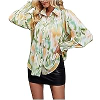 Women Vintage Fashion Printed Long Sleeve Shirt Casual Button Down Blouse Tops Lightweight Lapel Loose Fit Shirts