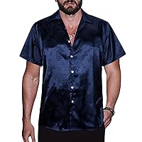 TUNEVUSE Men Satin Shirt Shiny Short Sleeve Floral Button Down Jacquard Dress Summer Solid Shirt Tops S-5XL