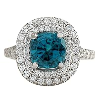 5.94 Carat Natural Blue Zircon and Diamond (F-G Color, VS1-VS2 Clarity) 14K White Gold Engagement Ring for Women Exclusively Handcrafted in USA